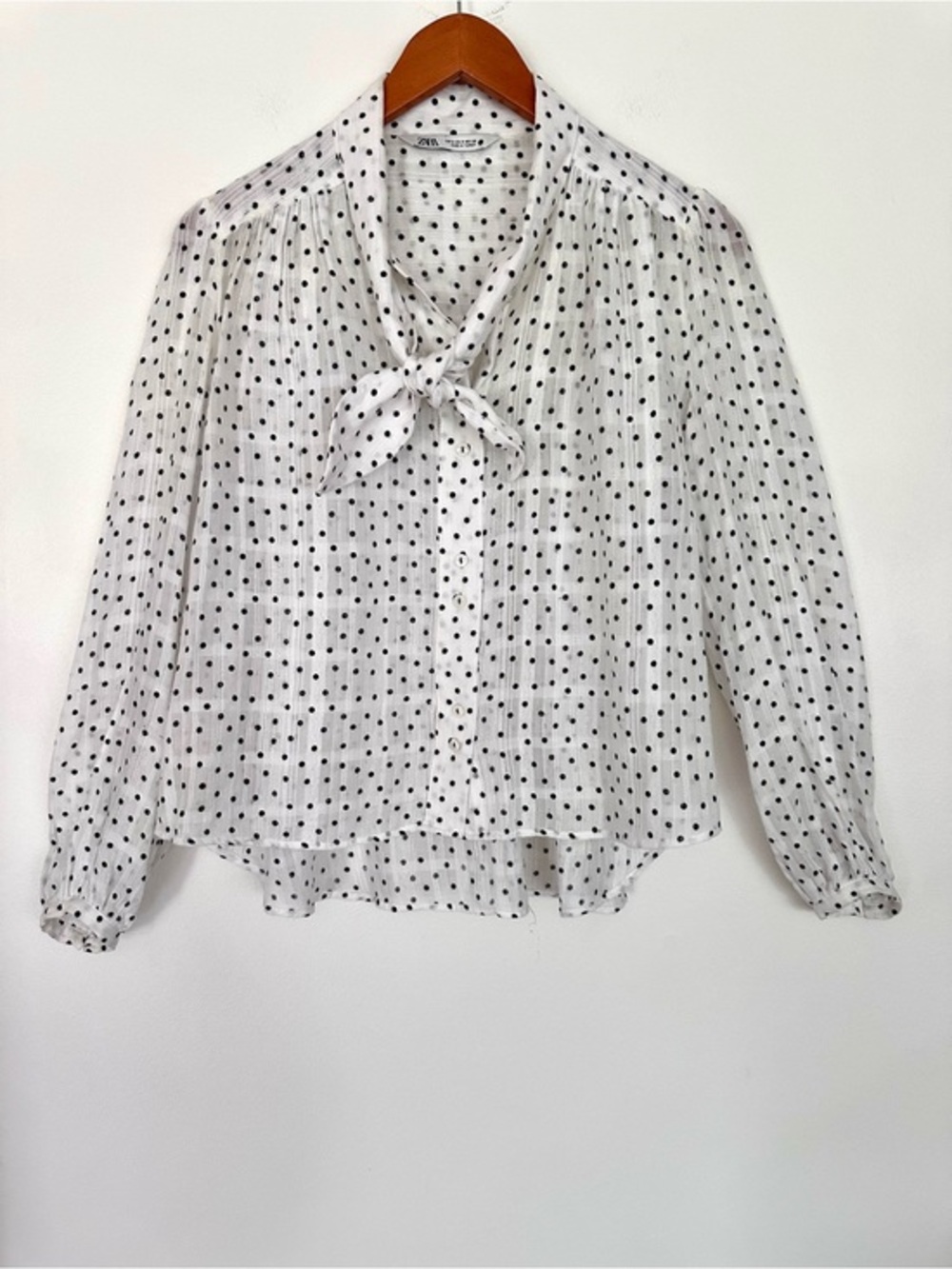 Zara White Sheer Blouse with Black Polka Dots and Tie Neck Size Small